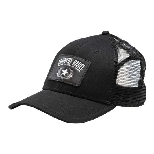 Country Rebel Snapback - Black/Black With Black Leather Patch and White Logo