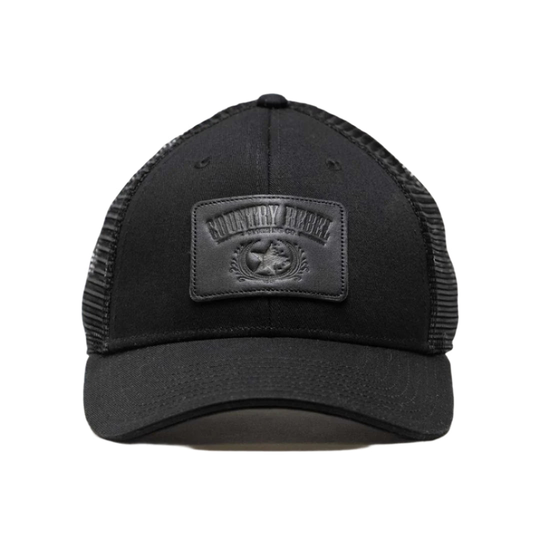 Country Rebel Snapback - Black/Black With Black Leather Patch and Black Logo