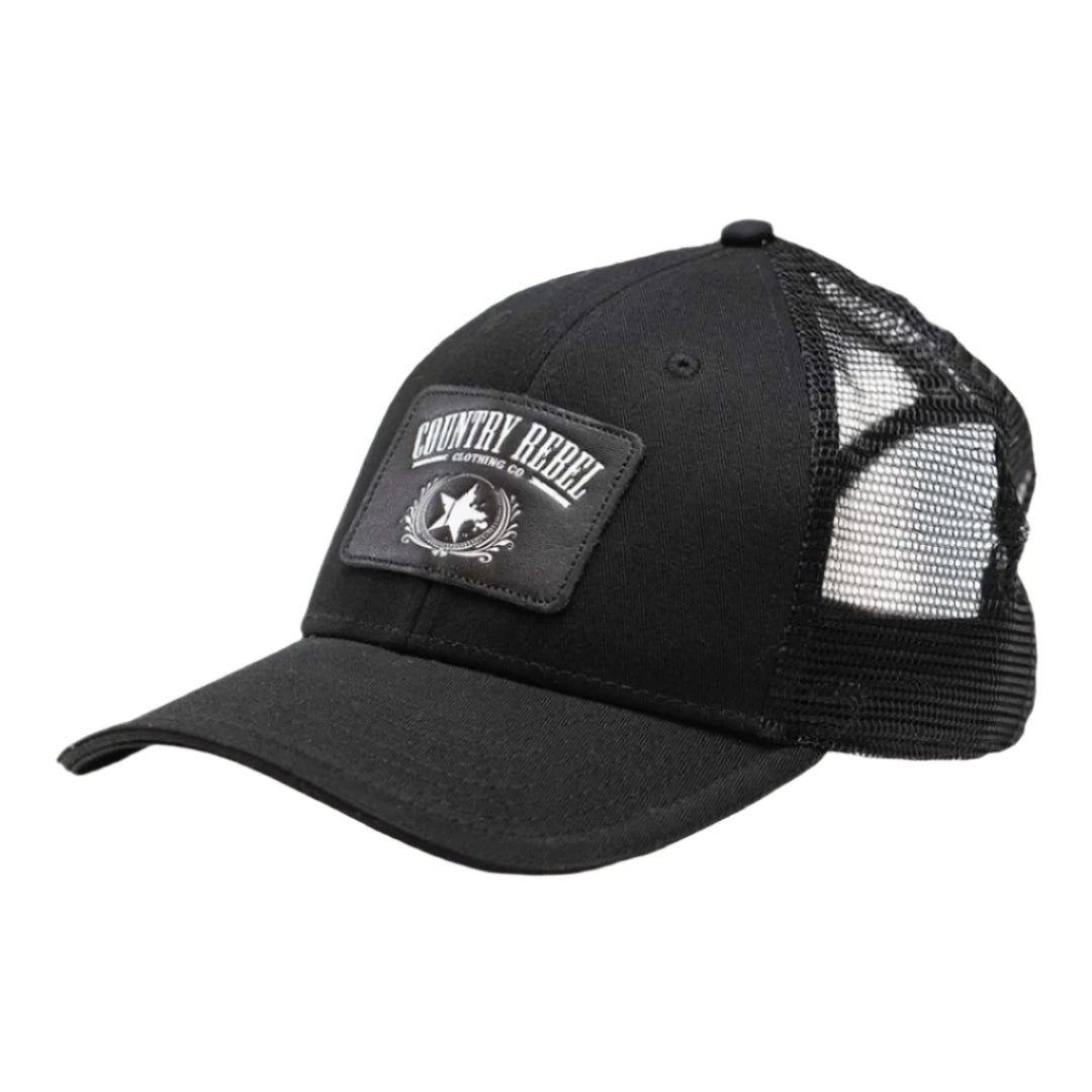 Country Rebel Snapback - Black/Black With Black Leather Patch and White Logo