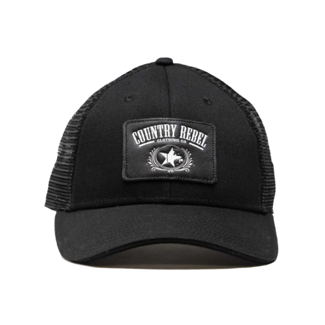 Country Rebel Snapback - Black/Black With Black Leather Patch and White Logo
