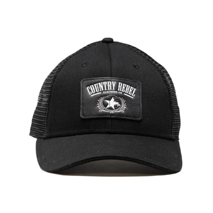 Country Rebel Snapback - Black/Black With Black Leather Patch and White Logo