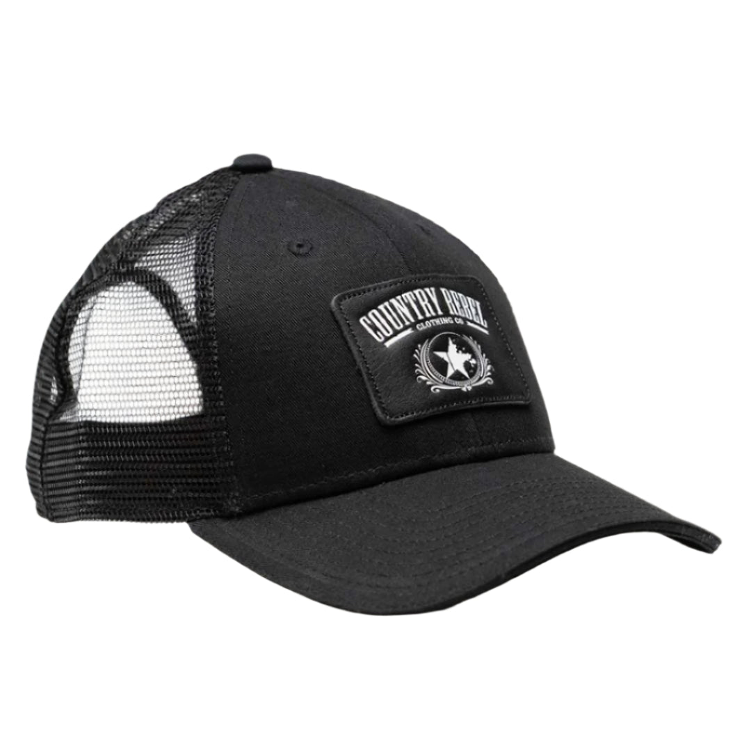 Country Rebel Snapback - Black/Black With Black Leather Patch and White Logo