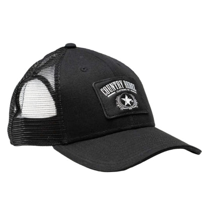 Country Rebel Snapback - Black/Black With Black Leather Patch and White Logo