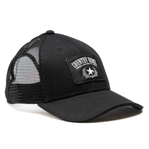 Country Rebel Snapback - Black/Black With Black Leather Patch and White Logo