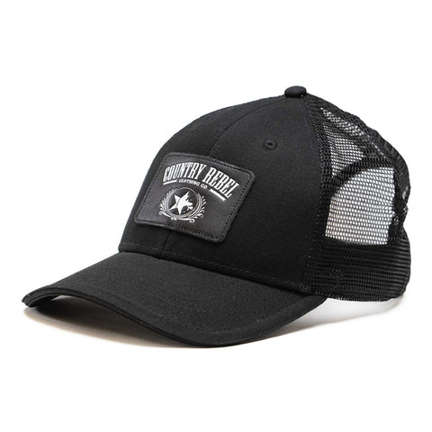 Country Rebel Snapback - Black/Black With Black Leather Patch and White Logo